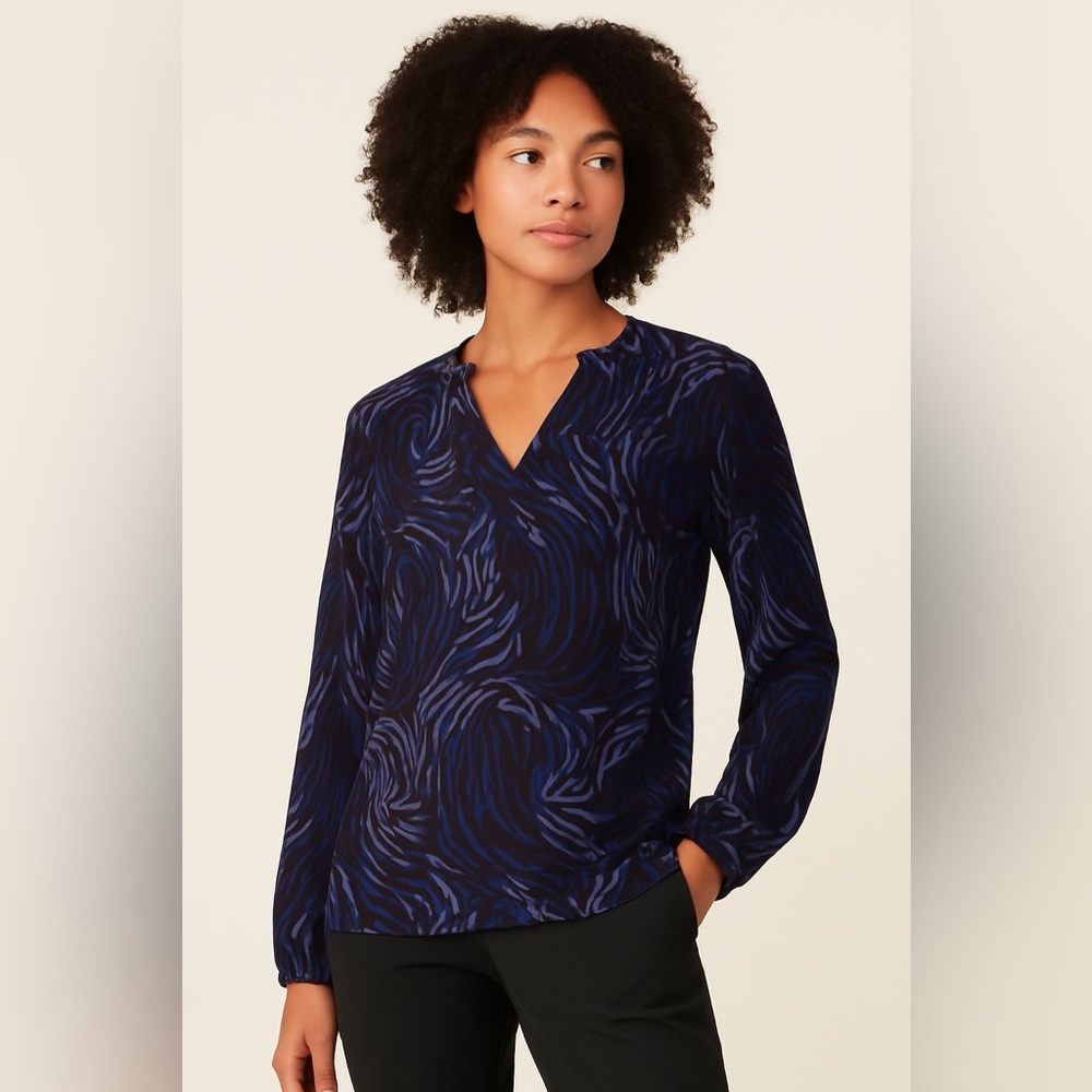 Whistles Navy Abstract Print Blouse Size 4 V-Neck Long Sleeve